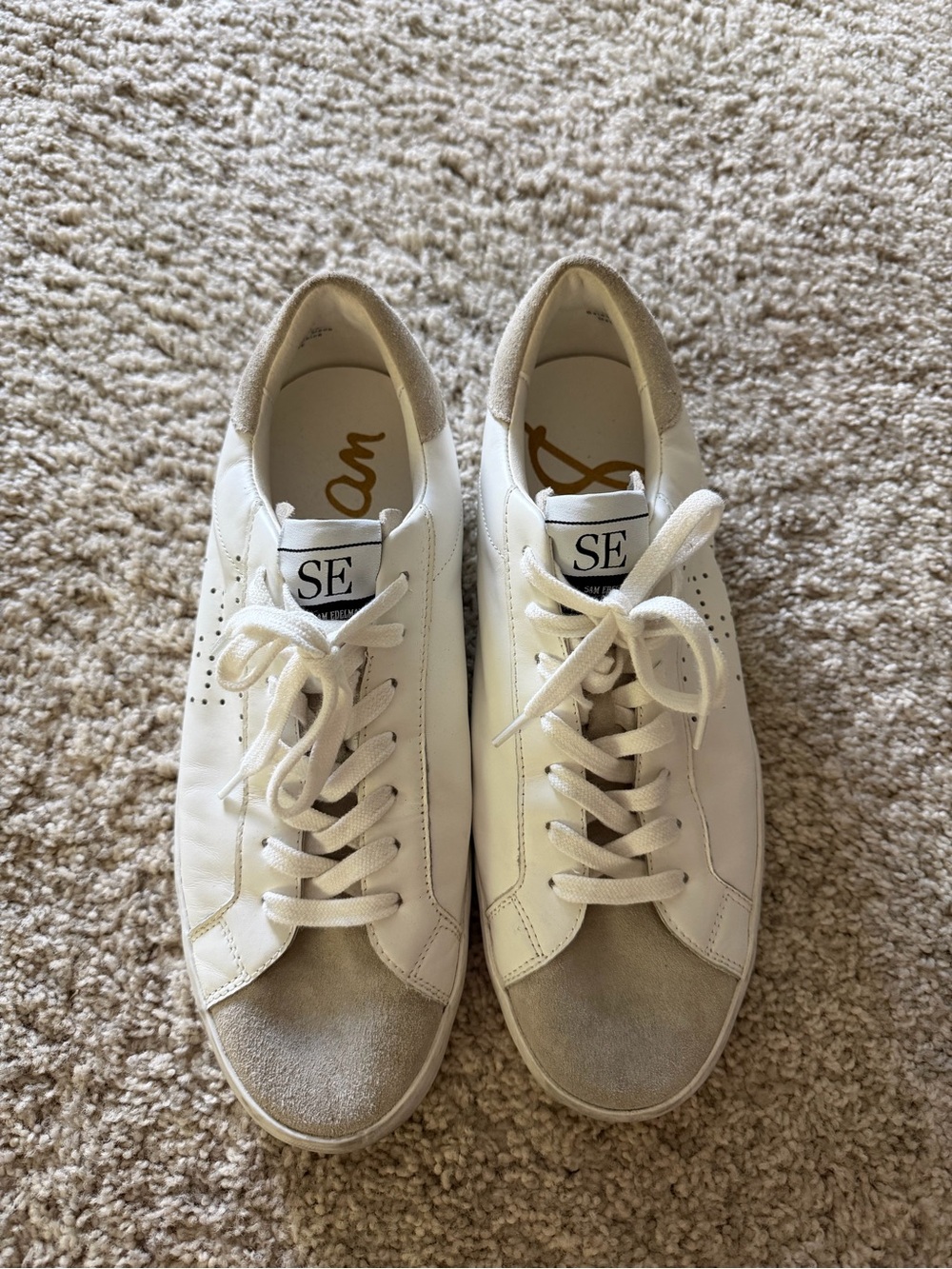 Sam Edelman White Leather Sneakers with Light Gray Suede Accents
